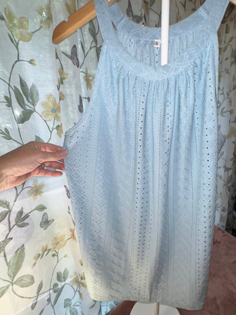 Blue Eyelet Lace Tank Top L | Summer Sleeveless Boho Top